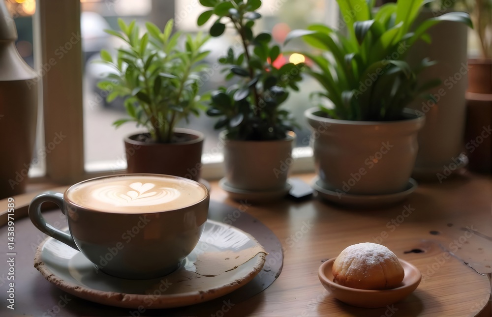 Aufkleber カフェの窓際に置かれたラテアートコーヒーと小さな焼き菓子 暖かく優しい光が差し込む木製のテーブルに緑の植物が飾られた静かな空間