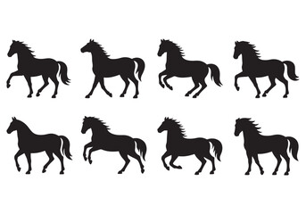 Horse silhouette set, elegant horses walking, running, and trotting in different poses vector
