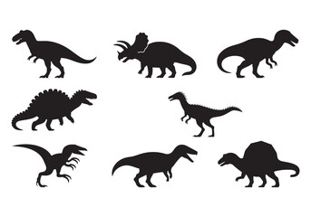 Dinosaur silhouette set, prehistoric creatures, T-Rex, triceratops, velociraptor, stegosaurus vector