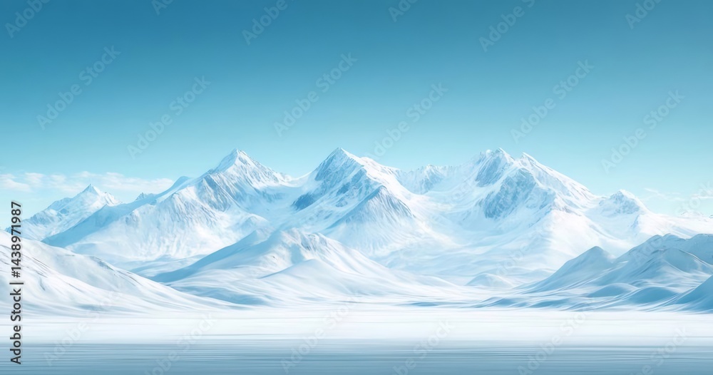Poster 雪山連峰と青い空のパノラマ風景 鮮やかな青と白のコントラストが美しい冬の山岳地帯