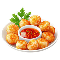 Plate of golden fish cakes served with spicy dipping sauce, garnished with fresh herbs, perfect for sharing and enjoying