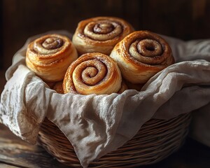 Warm cinnamon rolls in rustic basket
