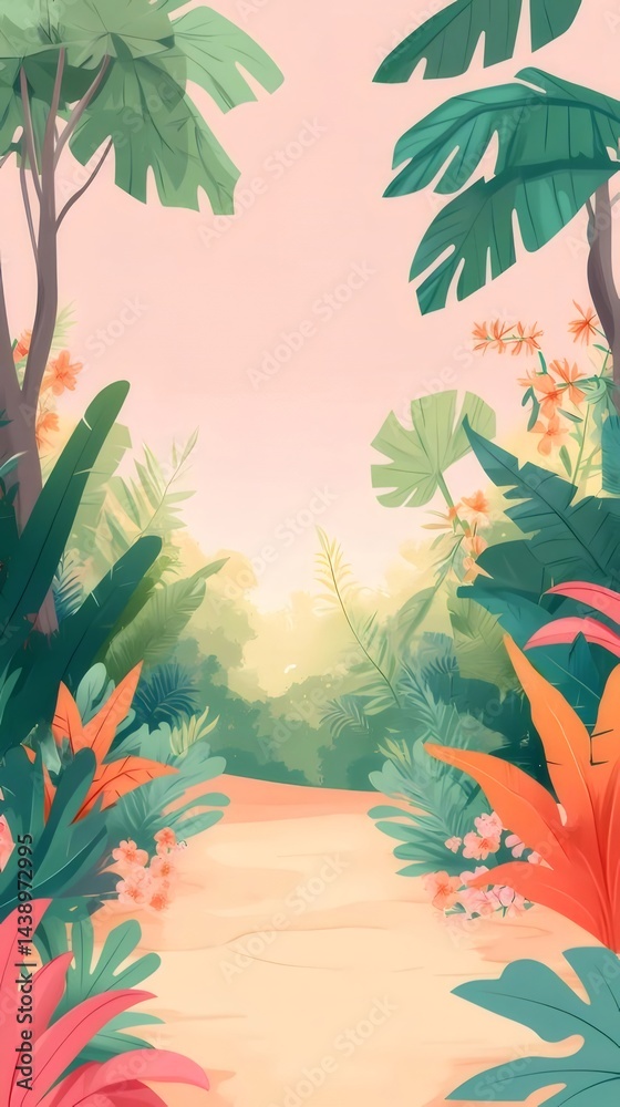 Aufkleber 熱帯のジャングル風景 鮮やかな緑とオレンジ色の植物 太陽の光が差し込むパス 柔らかな色合いのアートイラスト