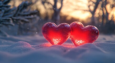 Obraz premium Glowing hearts in snow-covered winter forest at sunset