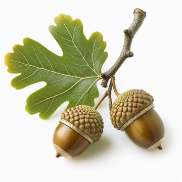 Pair of Glossy Brown Acorns with a Vibrant Green Oak Leaf on White Background. Detailed Nature Macro Capturing Autumn Harvest Elements for Seasonal and Forest Themes.