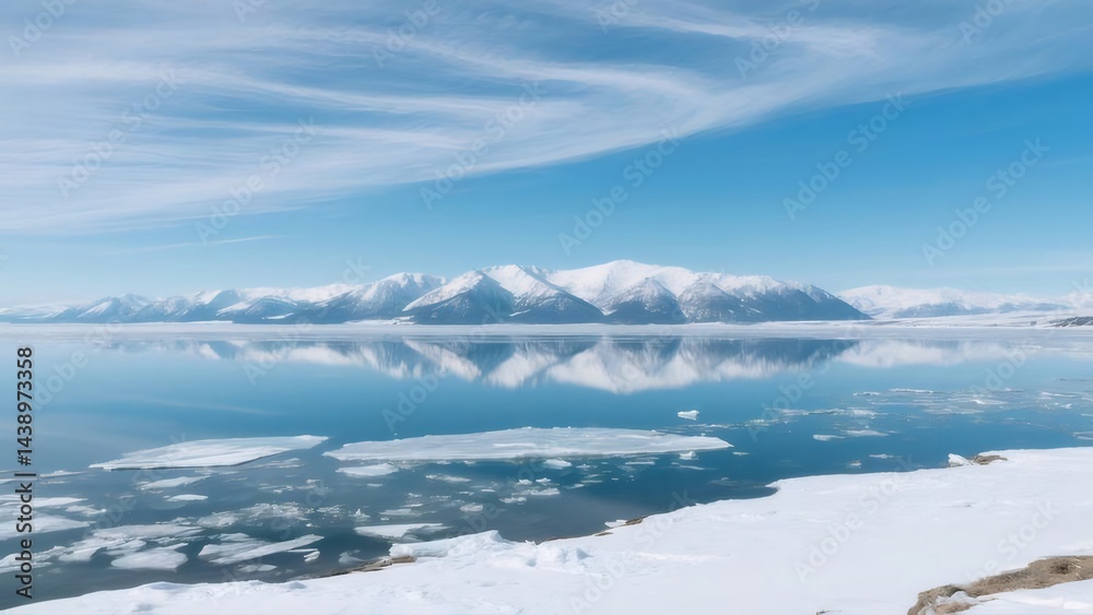 Aufkleber 雪山と氷が浮かぶ湖のパノラマ風景 青空の下 穏やかな水面と雪原の美しい景色