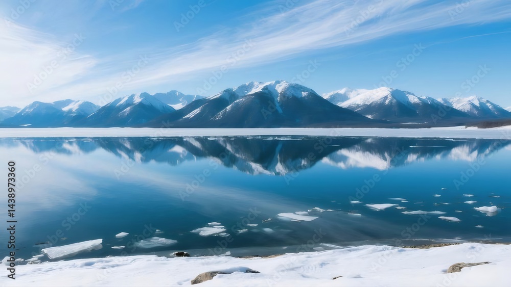 Poster 雪山と湖面の反射 青い空と雲の冬景色 自然のパノラマ風景 澄んだ水面と静寂の美しい光景
