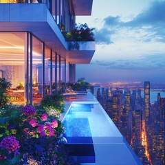 Luxury highrise infinity pool at dusk