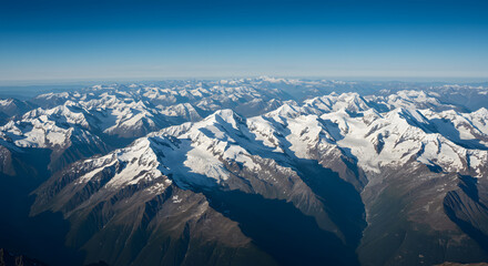 Fototapeta premium Snowy Mountain Range Aerial View Under Clear Blue Sky in Daytime