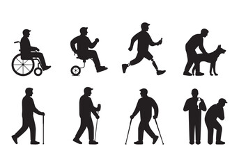 People with disabilities silhouette set, wheelchair users, prosthetic leg running, cane walking vector