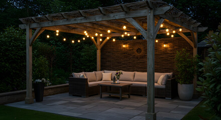 Fototapeta premium Warm-Lit Gazebo: Serene Evening Patio with String Lights