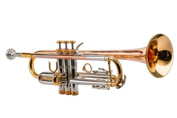 Obraz premium Trumpet on White Background: Brass Instrument, Musical Instrument, Gold and Silver Colors, Music Performance, Isolated