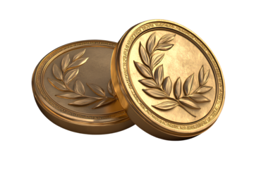 Two gold coins in the shape of an ancient Roman coin container, each with one or two golden leaves on the top and bottom, with a 3D rendering effect, on a transparent background 