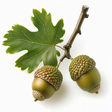 Two Brown-Green Mature Acorns Hanging with a Fresh Oak Leaf on White Background. Perfect Botanical Macro Shot for Forest, Nature, Autumn Harvest, and Woodland Projects.