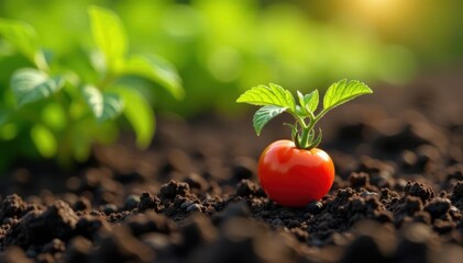 Close-up of tomato seedling being planted in organic garden bed, nature, ground