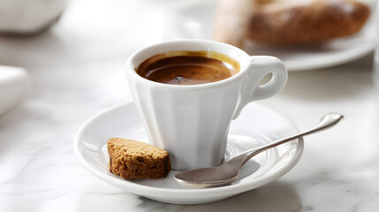 Fototapeta premium Authentic Italian Espresso Served with Biscotti on a Marble Table Setting for a Cozy Coffee Experience