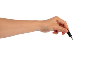 Hand and black audio cable aux isolated on transparent background