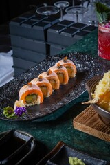Sushi making event fine dining restaurant food photography elegant environment close-up view culinary artistry