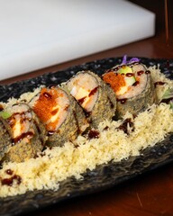 Savoring sushi rolls culinary delight in an elegant restaurant setting gourmet food photography indoor ambiance taste adventure