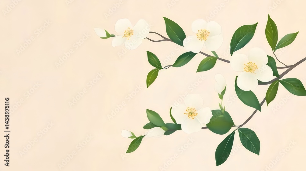 Aufkleber 白いジャスミンの花と緑の葉のイラスト 薄いピンク色の背景と優しい自然光 美しいアート作品