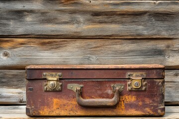 Rustic vintage suitcase against weathered wooden planks.