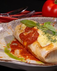 Delicious cheesy burrito with marinara sauce gourmet restaurant food photography elegant dining atmosphere close-up view culinary art