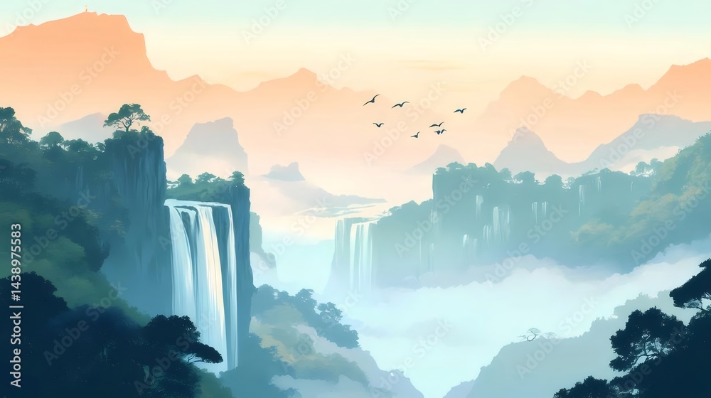 Aufkleber デジタル水彩画の風景 水流れる滝と緑豊かな山々 霞む谷間の夕焼け空