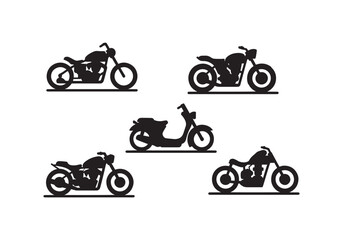 Fototapeta premium Motorcycle silhouette set, cruiser bikes, chopper motorcycles, scooters, and road motorbikes vector