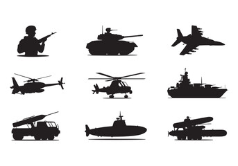Army vehicles and soldier silhouettes collection, tank, helicopter, submarine, missile launcher vector