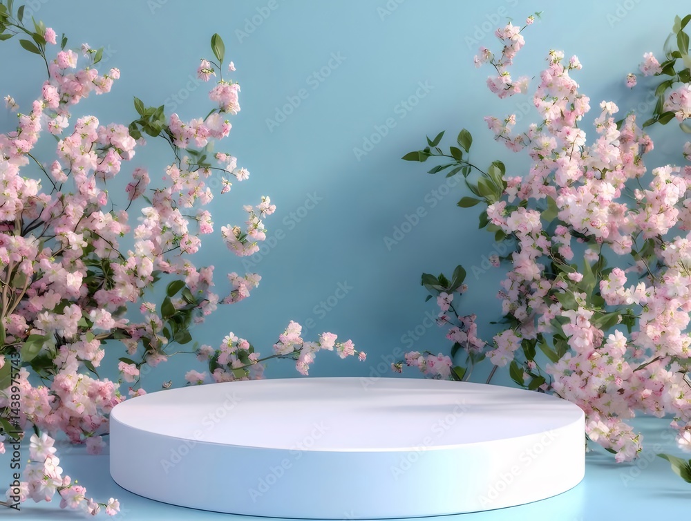 Aufkleber 背景にピンクの花咲く桜の木と白い円形プラットフォームの春の装飾的な展示