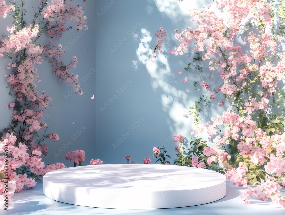 Aufkleber ピンクの桜と白い円形プラットフォームの背景 柔らかな光と影が美しい空間を演出