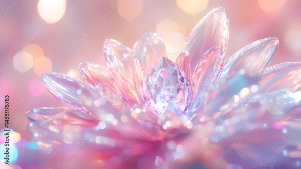 Aufkleber ピンクと透明な花びらの抽象的な花のクローズアップ輝く光と背景のボケ