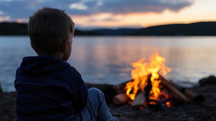 Fototapeta premium Child watching campfire by lake at sunset
