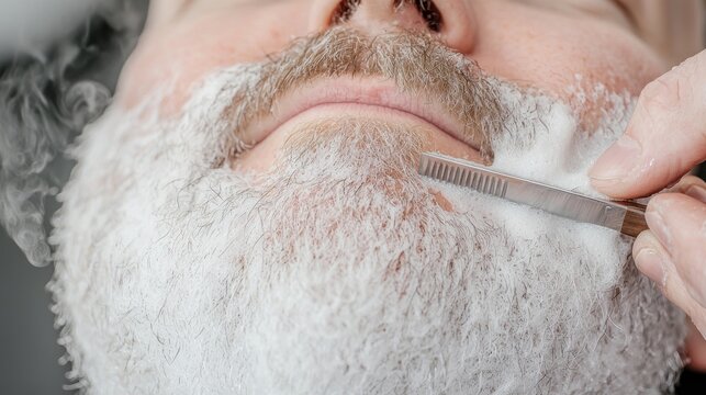 Close-up of a man's beard being lathered for a shave.  A skilled barber applies shaving cream to the beard, preparing for a precise trim