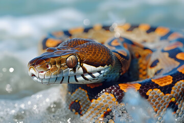 Fototapeta premium Close-Up of a Vibrant Orange and Brown Snake in the Ocean Water