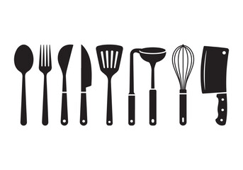 Cooking utensils silhouettes collection, cutlery, whisk, spatula, knife, fork, and spoon vector