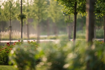 Fototapeta premium Nature action in green environment blurred background of trees and flowers