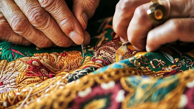 Intricate hand embroidery: masterful stitching craftsmanship with detailed patterns