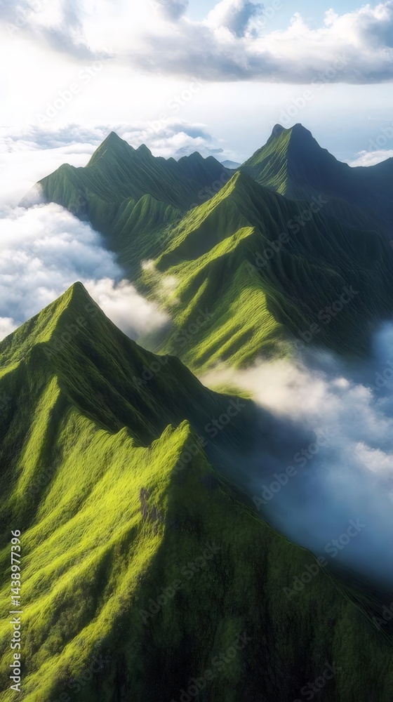 Aufkleber 緑豊かな山々と雲海のパノラマビュー 鮮やかな緑色とコントラストのある自然風景 朝日の光が差し込む山の尾根