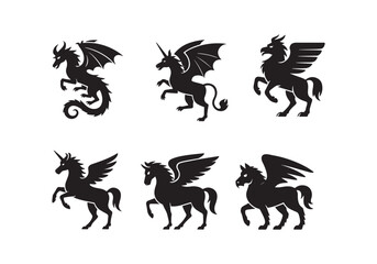 Obraz premium Fantasy creatures silhouette set, dragon, unicorn, Pegasus, and mythical winged horse vector collection