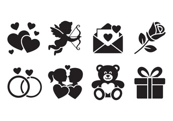 Romantic love icons collection, hearts, cupid with bow, rose, wedding rings, teddy bear, love gift vector