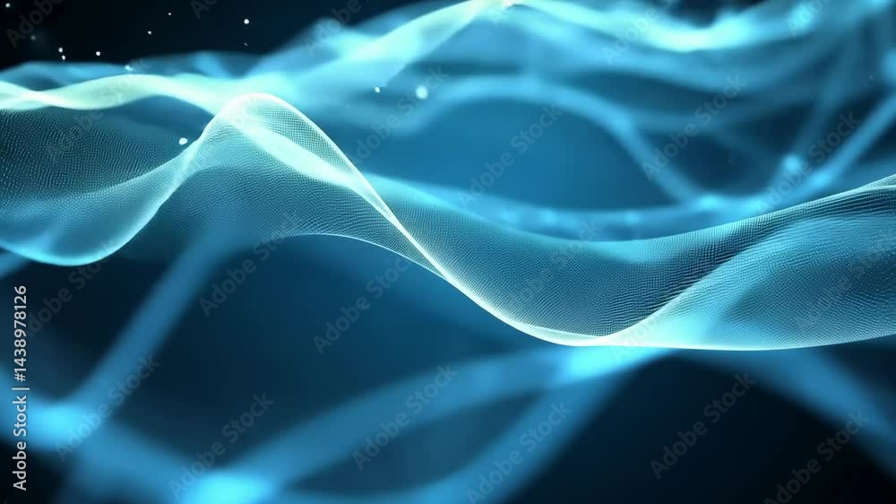 Poster dynamic blue waves and particle motion in abstract digital animation