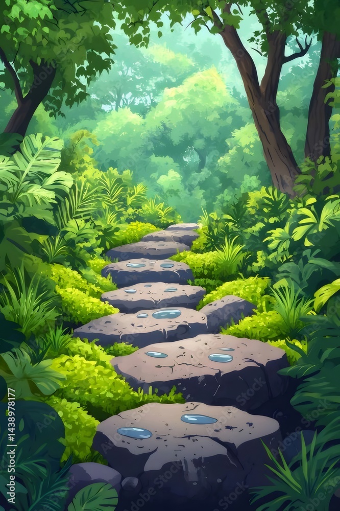 Aufkleber 緑豊かな森林内の石畳の小道 鮮やかな緑色の葉と木漏れ日の光 風景画