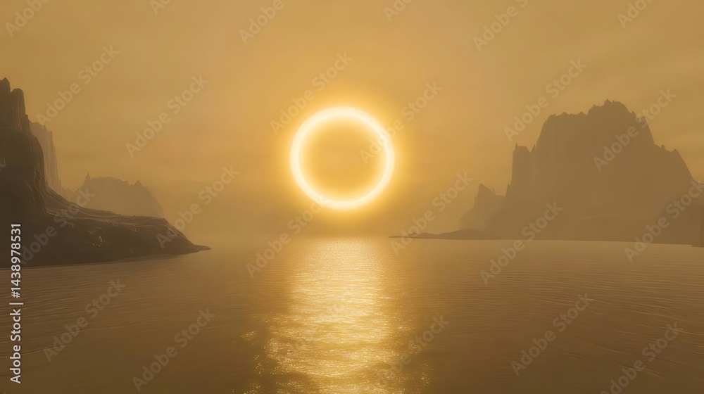 Poster 幻想的な光輪が水面に映る夕日の風景 黄金色に輝く空と山のシルエット