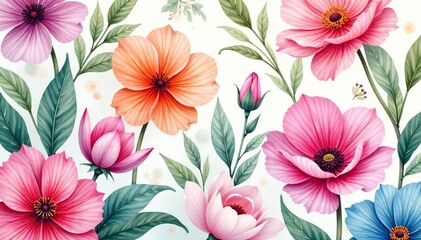 Delicate watercolor blooms, flowing seamlessly into a vibrant, continuous pattern , pattern, dreamy
