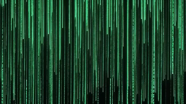 A vibrant green digital rain of binary code on a black background evokes a cybernetic atmosphere.