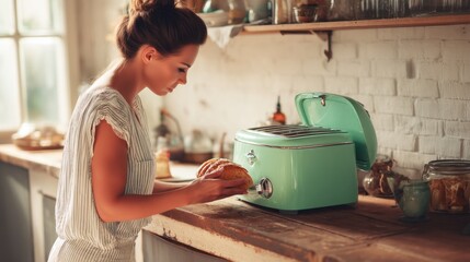 Retro Kitchen: Woman Preparing Toast with Vintage Toaster