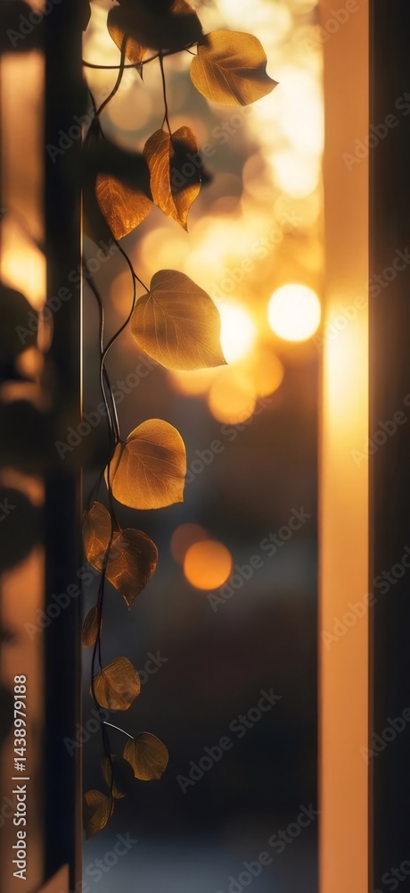 Poster 暗闇の中の黄金色の葉のクローズアップ 明るい背景と装飾的な植物のディテール 黄金色の光の反射