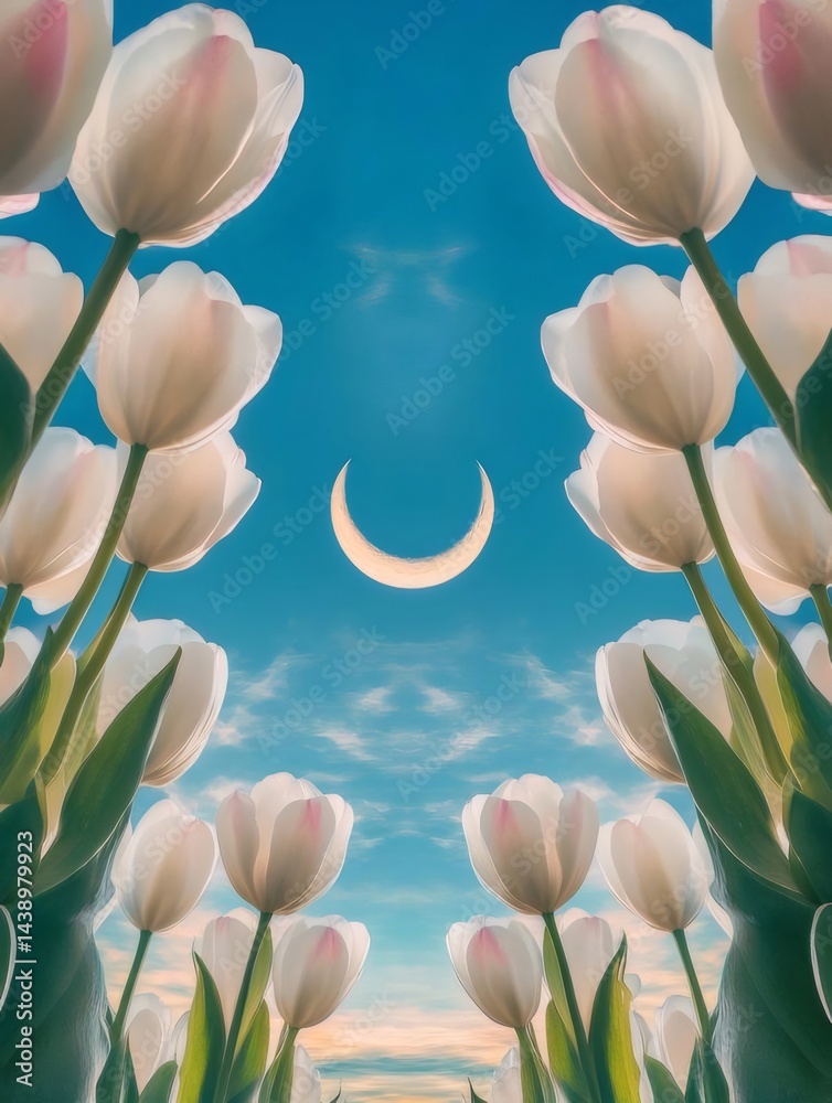 Poster 白チューリップと青空を背景にした月の幻想的なビジョン 対称的な花のデザイン