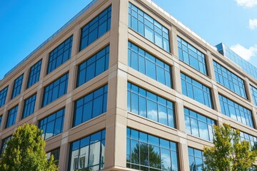 A modern office building with large windows, featuring beige exterior walls and blue glass accents under clear skies